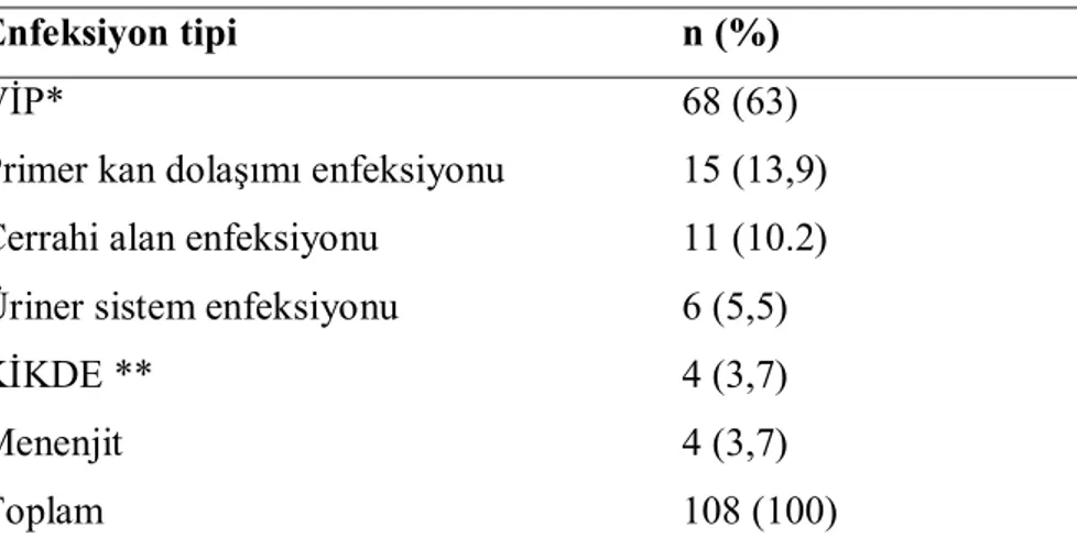 Tablo 6.  Hastane kökenli Acinetobacter enfeksiyonu ataklarının dağılımı.   Enfeksiyon tipi  n (%) 
