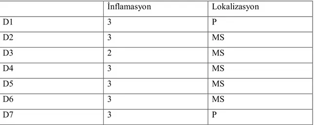 Tablo 4 : D gurubundaki inflamasyonun şiddeti ve lokalizasyonu (normal :o, mukozada  sınırlı:M,mukoda ve submukozaya sınırlı:MS, perforasyon:P; inflamasyon yok: 0, hafif:  1, orta: 2, şiddetli:3  ) 