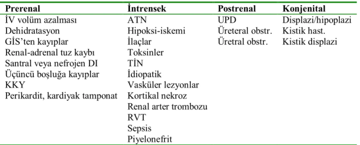 Tablo 2. Yenidoğanda akut böbrek hasarı nedenleri 