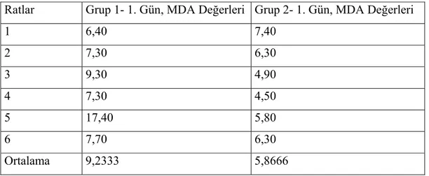 TABLO 3: Her iki gruptaki MDA seviyeleri. Değerler nmol/g yaş doku cinsinden  belirtilmiştir