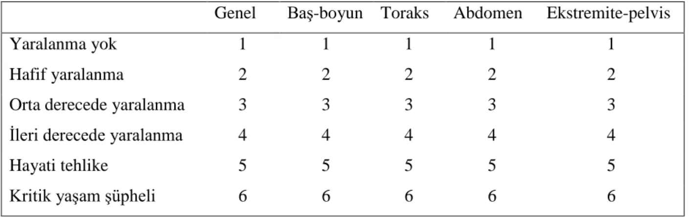 Tablo 1.  Kısaltılmış yaralanma ölçekleri puanlama tablosu  
