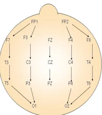 ġekil 2: EEG elektrotlarının double banana olarak da isimlendirilen uluslararası 10- 20  sistemine  göre  longutidinal  bipolar  montajı  (F:  frontal,  T:  temporal,  O:  oksipital,  P:  paryetal,  C:  santral  anlamında  kullanılmaktadır