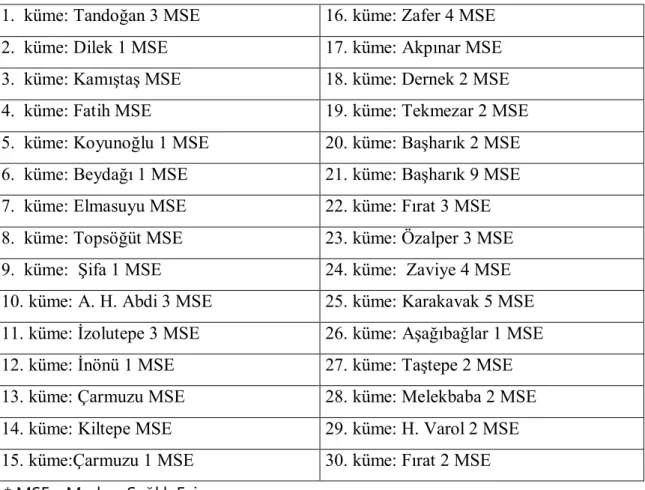 Tablo 3.1. Araştırma kapsamına giren 30 kümenin dağılımı 