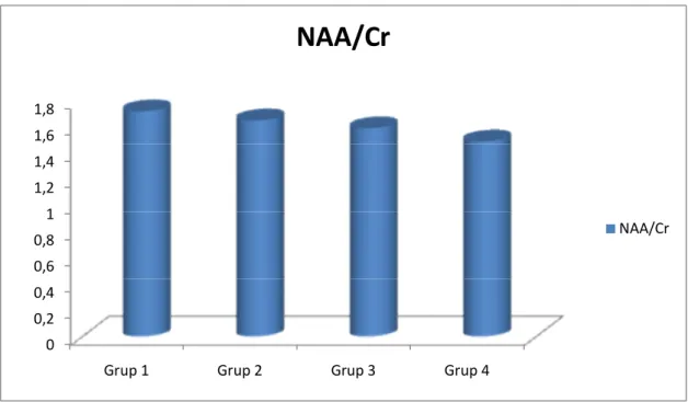 Grafik 1: Grup 1, 2, 3 ve 4’te görme merkezindeki ortalama NAA/Cr değerleri. 