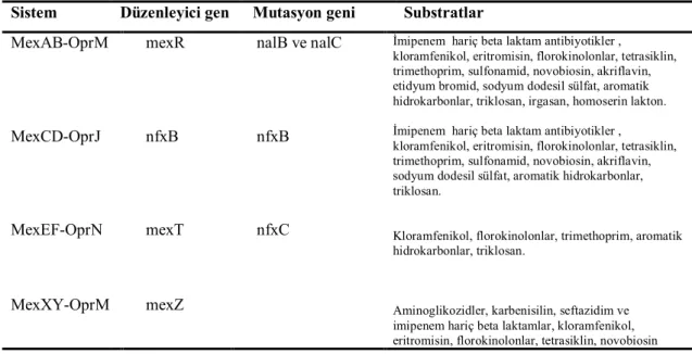 Tablo 2. P. aeruginosa’ da bulunan efluks pompa sistemleri[33]  