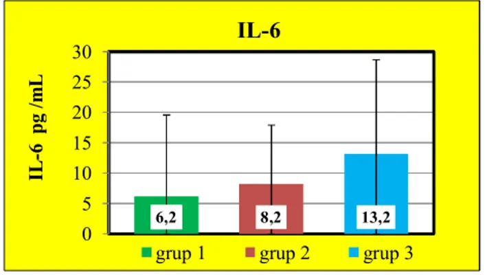 Grafik 6: Grup 1, Grup 2 ve Grup 3’e ait ortalama ± standart sapma IL-6 değerleri 