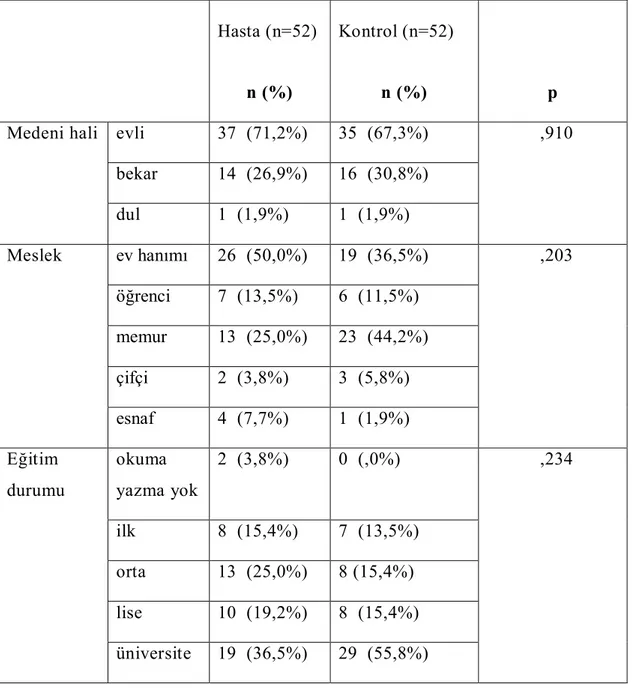 Tablo 2. Migren hastalarının ve kontrol grubunun medeni durumu, mesleki ve eğitim  durumu açısından karşılaştırılması    