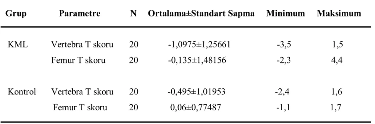 Tablo 7. Gruplar arasında vertebra ve femur T skorlarının karşılaştırılması.   Grup              Parametre             N     Ortalama±Standart Sapma     Minimum     Maksimum 