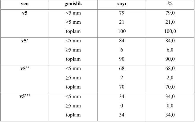 Tablo 8. Olguların, segment 5 venlerinin çaplarına göre dağılımı. 