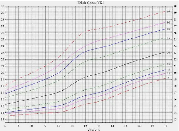Şekil 4: Türk Erkek Çocuklarının VKĐ Persantil Değerleri (6–18 Yaş)  VKĐ SDS (Z skoru) aşağıdaki formüle göre; 