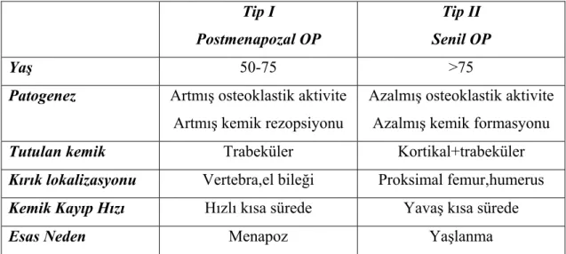 Tablo 6 Tip I ve Tip II osteoporoz karşılaştırılması  Tip I  Postmenapozal OP  Tip II  Senil OP  Yaş  50-75 &gt;75 