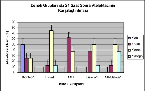 Grafik 9: Denek gruplarında 24 saat sonra sakrifiye edilen ratlarda görülen atelektazi oranının (%) grafiksel olarak karşılaştırılması.