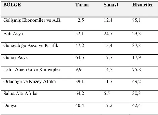 Tablo 2. Dünyada SeçilmiĢ Bölgeler Ġtibariyle 2006 Yılında Kadın Ġstihdamının  Sektörel Dağılımı (%) 