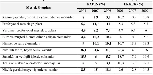 Tablo 10. Türkiye'de Kadınların Meslek Gruplarına Göre Ġstihdamı (%) 
