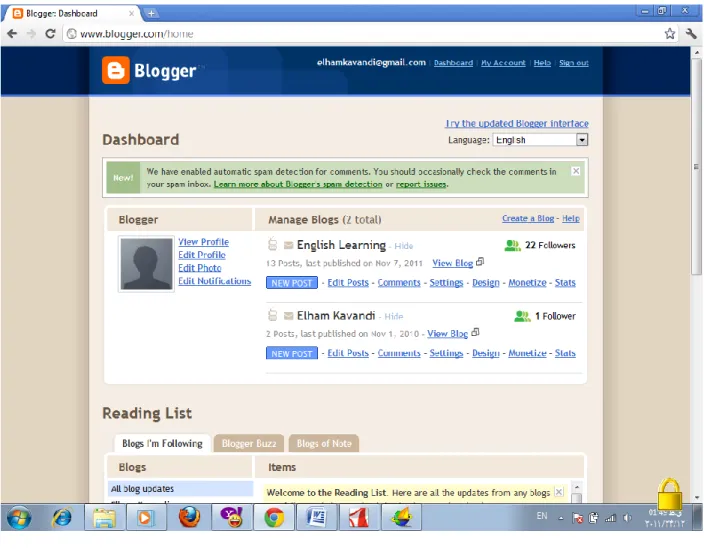 Figure 4: The Dashboard of the Blog 