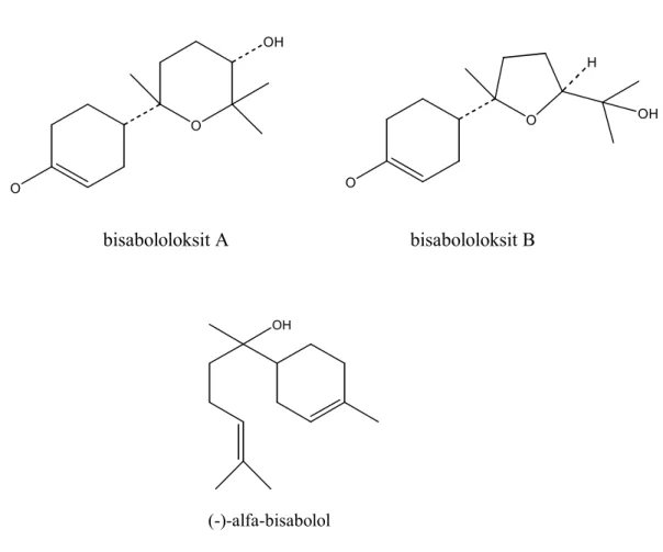 Şekil 5: (-)-α-bisabololoksit A, (-)-α-bisabololoksit B, (-)-α-bisabolol 