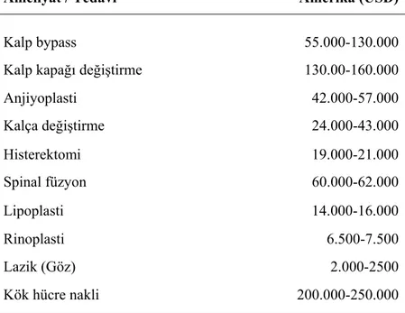 Tablo 17. ABD’de Sağlık Turizmi Hizmetlerinde Uygulanan Ücretler 