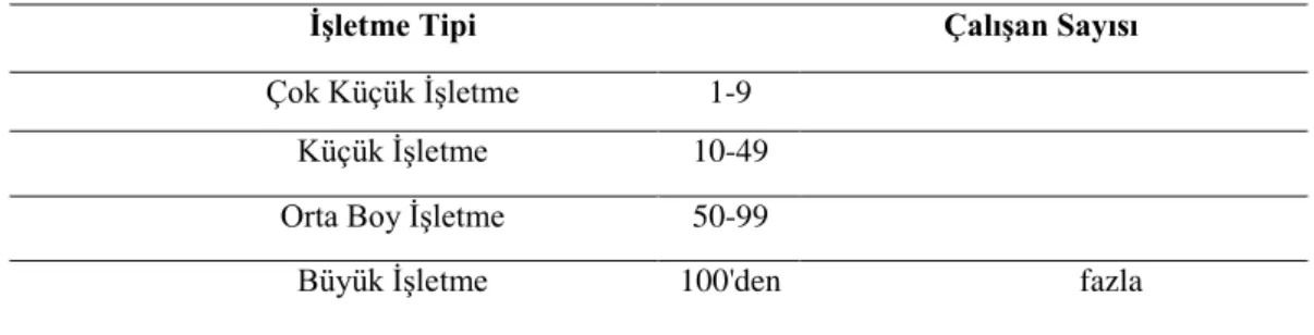 Tablo 1. DİE'nin Küçük ve Orta Boy İşletme Tanımı (Şimşek, 2002) 
