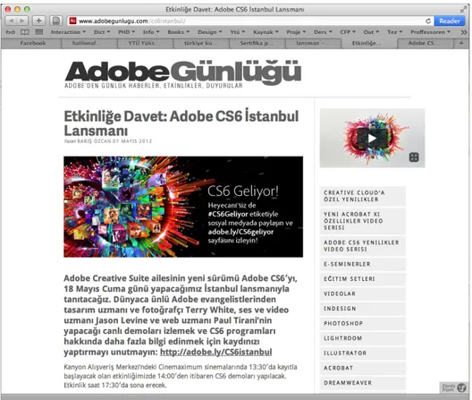 Şekil 8. Adobe Türkiye olarak Adobe Günlüğü başlıklı sitede Adobe CS ailesinin yeni sürümünün lansman  toplantısı daveti (07.10.2012) 
