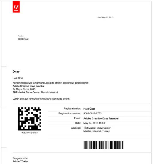 Şekil 9. Adobe firmasına ait bir toplantıya internet üzerinden yapılan kayıt işleminin onay belgesi