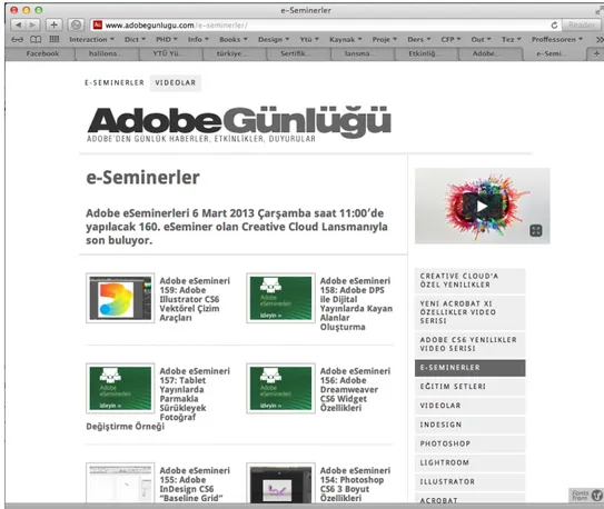 Şekil 16. Adobe Günlüğü'nün yapmış olduğu ve toplam 160 hafta süren ve internet üzerinden canlı olarak  yayınlanan e-seminer etkinlilerinin listesi (02.03.2013)