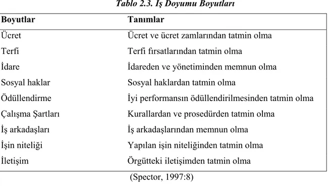 Tablo 2.3. İş Doyumu Boyutları 