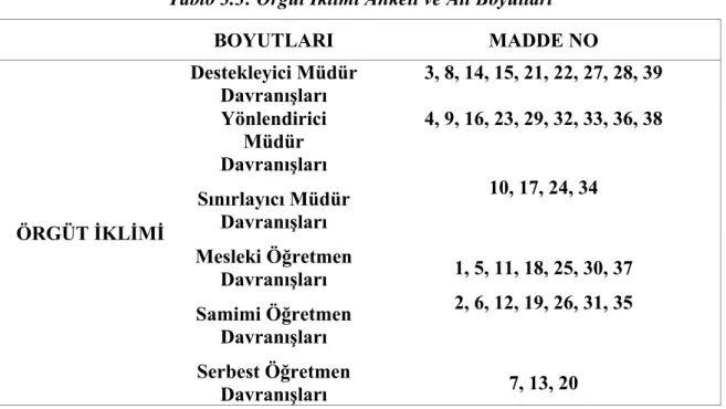Tablo 3.3: Örgüt İklimi Anketi ve Alt Boyutları 