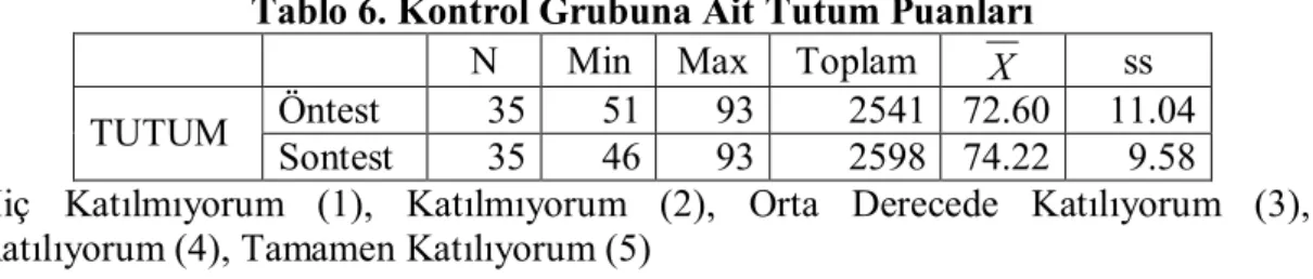 Tablo 6. Kontrol Grubuna Ait Tutum Puanları