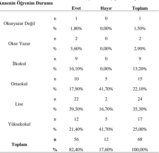 Tablo  12.  Annenin  Öğrenim  Durumu  ile  Okul  Dışında  Türkçe  Kullanma  Durumunun 