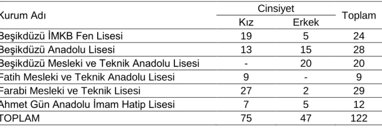 Tablo 5. Araştırma Grubunun Cinsiyet ve Lise Dağılımı 