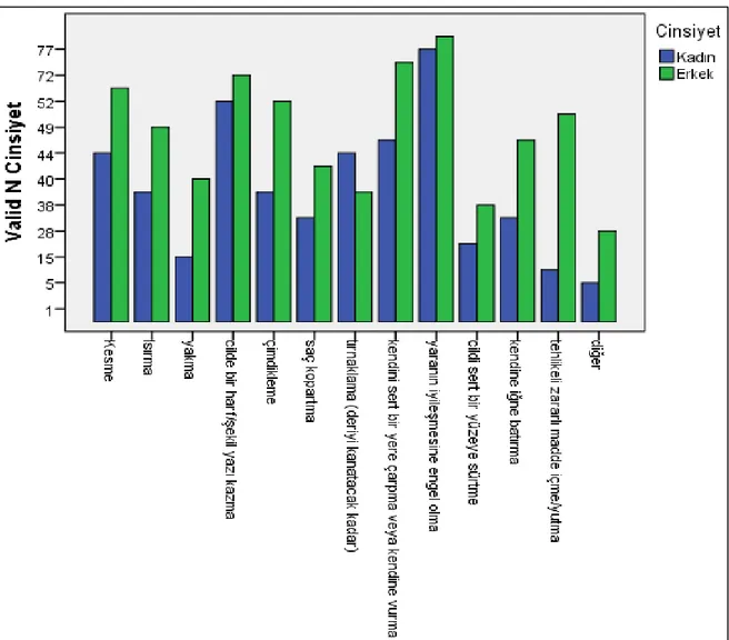 Grafik  1’de  ve  Tablo  4’te  cinsiyete  göre  ergenlerin  kendine  zarar  verme  davranış  türlerine yönelik betimsel istatistik sonuçları verilmiştir