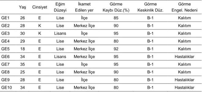 Tablo 3. Görme Engelli Bireylerin Demografik Özelliklerine İlişkin Bilgiler 