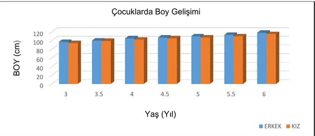 Grafik 1. Çocukların 3-6 yaşlarında boy uzunluklarının gelişimi (Neyzi, 1993). 