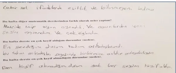 Şekil 5. Öğrenci yansıtma kâğıdı 