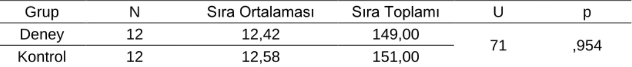 Tablo  14.  5.  Sınıf  Seviyesinde  Deney  ve  Kontrol  Gruplarının  Ön  Test  Sonuçlarına  ilişkin MWU Test Sonuçları 