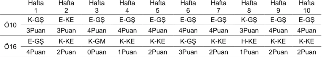 Tablo 9. Bildirimsel Bilgi Stratejisi Öğrenci Gelişimi  Hafta  1  Hafta 2  Hafta 3  Hafta 4  Hafta 5  Hafta 6  Hafta 7  Hafta 8  Hafta 9  Hafta 10 