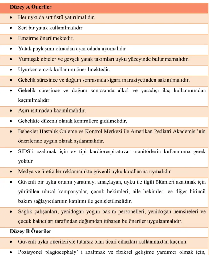 Tablo 5. Güvenli Bir Bebek Uyku Ortamı için APA 2016 Güncel Önerileri  Düzey A Öneriler