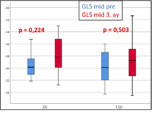 Grafik  2.  QT  dispersiyonuna  göre  tedavi  öncesi  ve  3.ay  GLS  mid  seviye  ortalama  değerlerinin karşılaştırılması ve p değeri 
