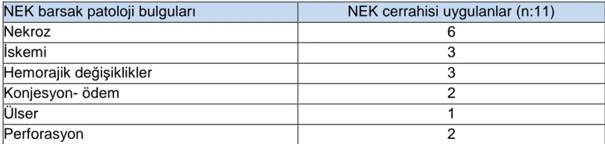 Tablo 9.  NEK grubunundaki NEK radyolojik bulguları