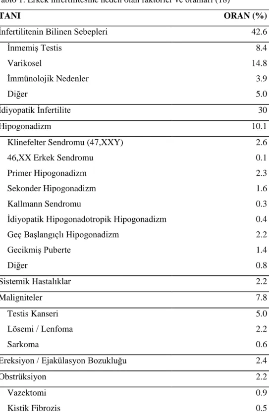 Tablo 1. Erkek infertilitesine neden olan faktörler ve oranları (18) 