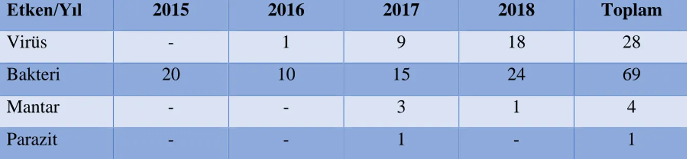 Tablo 7 . Ateşli başvurularda dökümente edilen etkenlerin yıllara göre dağılımı  Etken/Yıl  2015  2016  2017  2018  Toplam  Virüs  -  1  9  18  28  Bakteri  20  10  15  24  69  Mantar  -  -  3  1  4  Parazit  -  -  1  -  1 