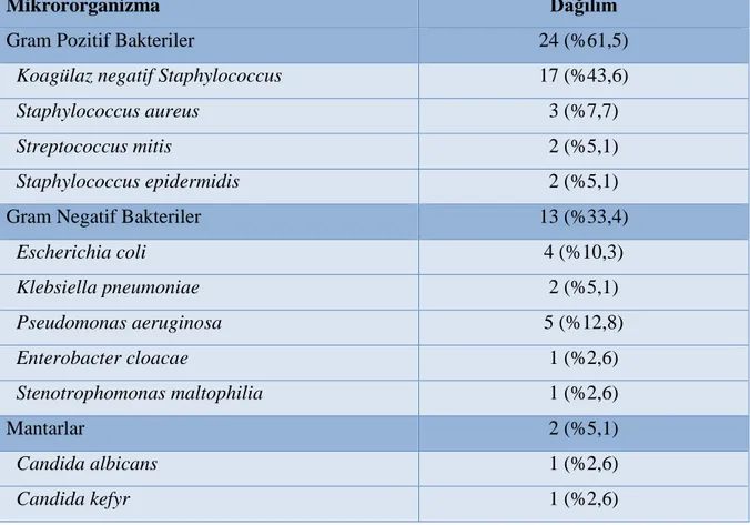 Tablo 16 . Kateter enfeksiyonlarında saptanan etkenler (n=39) 