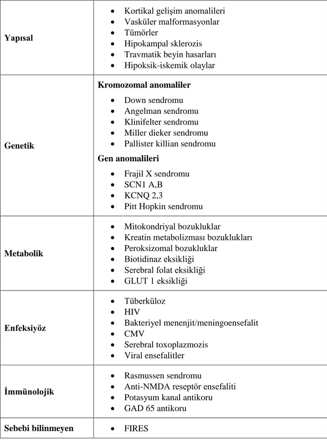 Tablo 1. Epilepsi  etiyolojisinde yer alan sebepler. 