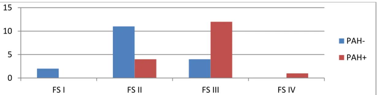 Grafik 1: Olguların fonksiyonel sınıflarına (FS) göre dağılımları. PAH+ ve PAH- gruplar karşılaştırıldığında  p=0 ,016 saptandı 