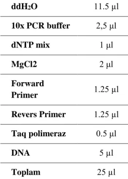 Tablo 1. PCR bileşenleri  ddH 2 O  11.5 µl  10x PCR buffer  2,5 μl  dNTP mix  1 μl  MgCl2  2 μl  Forward  Primer  1.25 µl  Revers Primer  1.25 µl  Taq polimeraz  0.5 μl  DNA  5 µl  Toplam  25 µl 