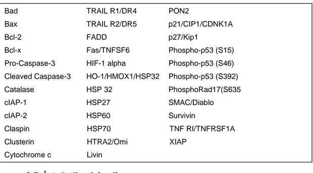 Çizelge 1.  Protein Antikor Yöntemiyle  Araştırılan Apoptozisle  İlişkili 35  Protein (R&amp;D Systems) 
