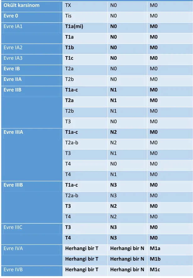 Tablo 3: DSÖ 8.versiyon akciğer karsinomları TNM sınıflaması evreleme  