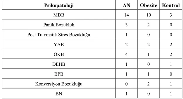 Tablo  10’da  olguların  annelerinde  hangi  ruhsal  hastalığın  hangi  tanı  grubunda  görüldüğü ve sayısı verilmiştir
