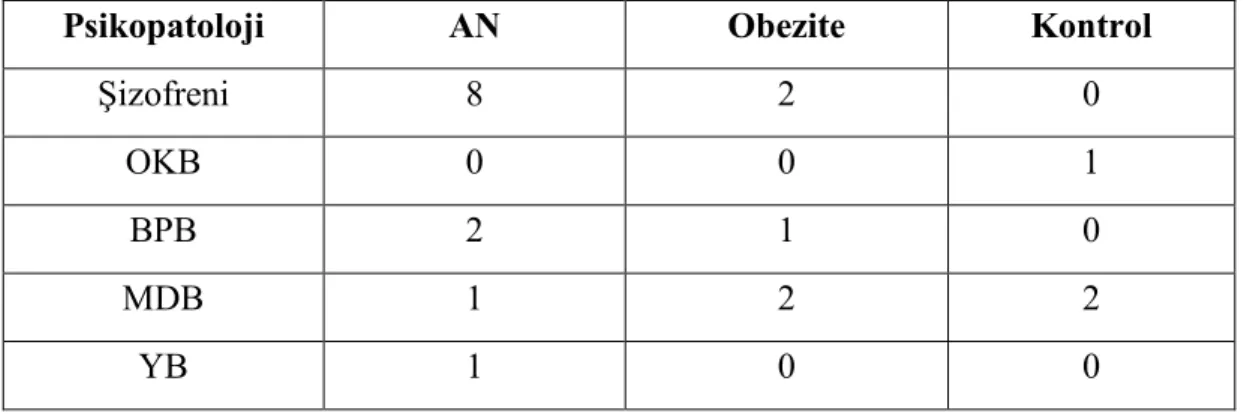 Tablo  14.  Yakın  Akrabalarda  Görülen  Psikopatolojiler,  Hangi  Tanı  Grubunda  Görüldüğü ve Sayısı 