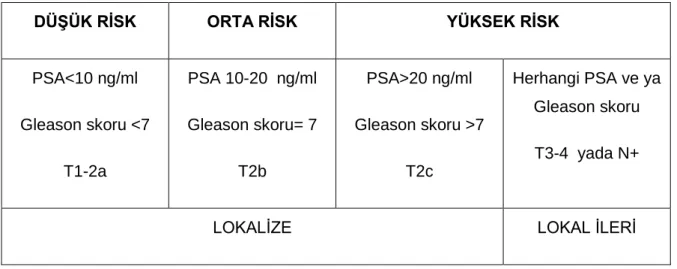 Tablo 2. Lokal ve lokal ileri prostat kanserinde risk sınıflaması 